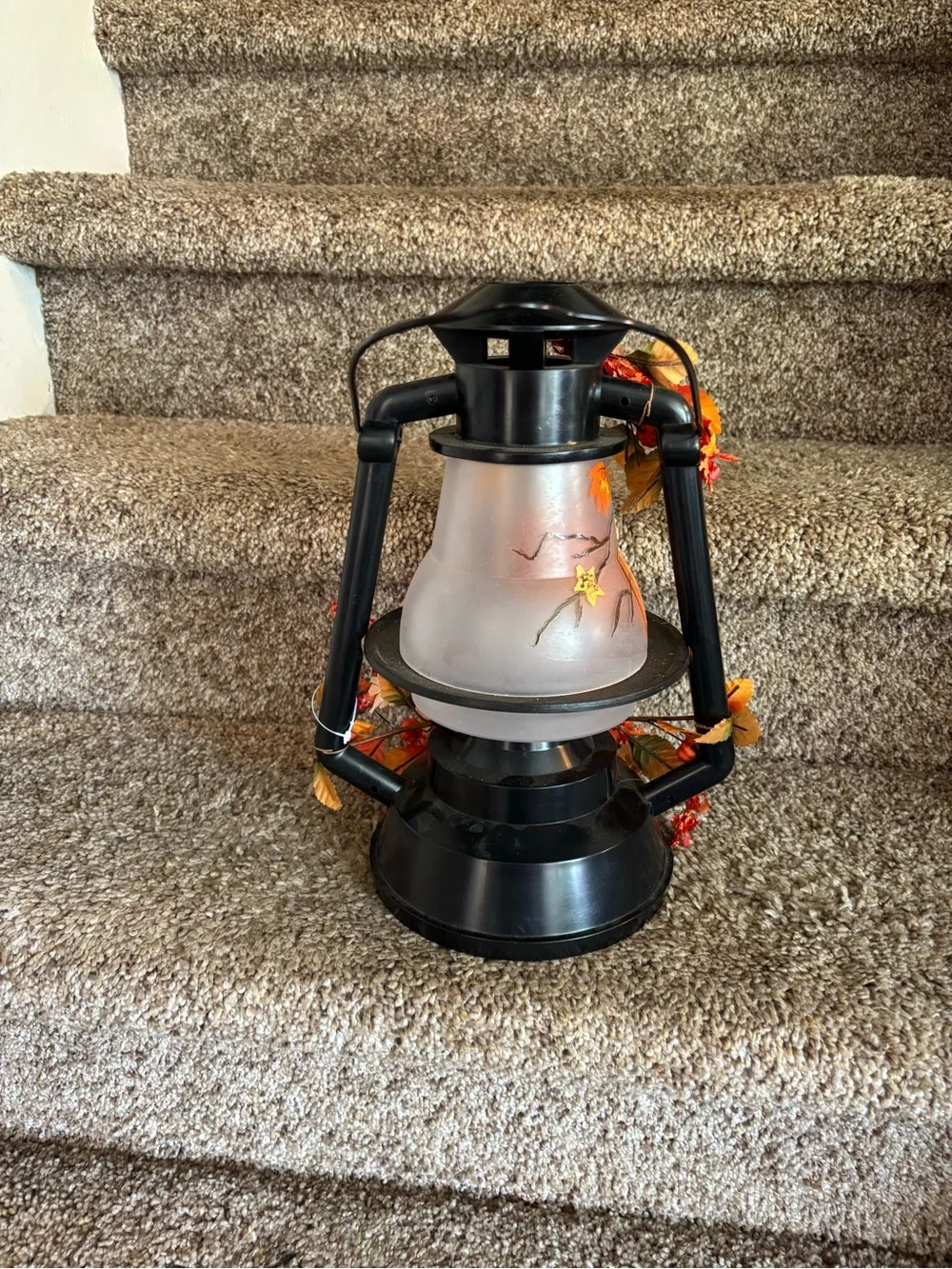 Black Lantern-Style Fall Accent Lamp with Orange Pumpkin Shade